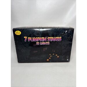 Vtg 90's Halloween Blow Mold Pumpkins 7-Stakes 21-Lights Holiday Highlights NOS